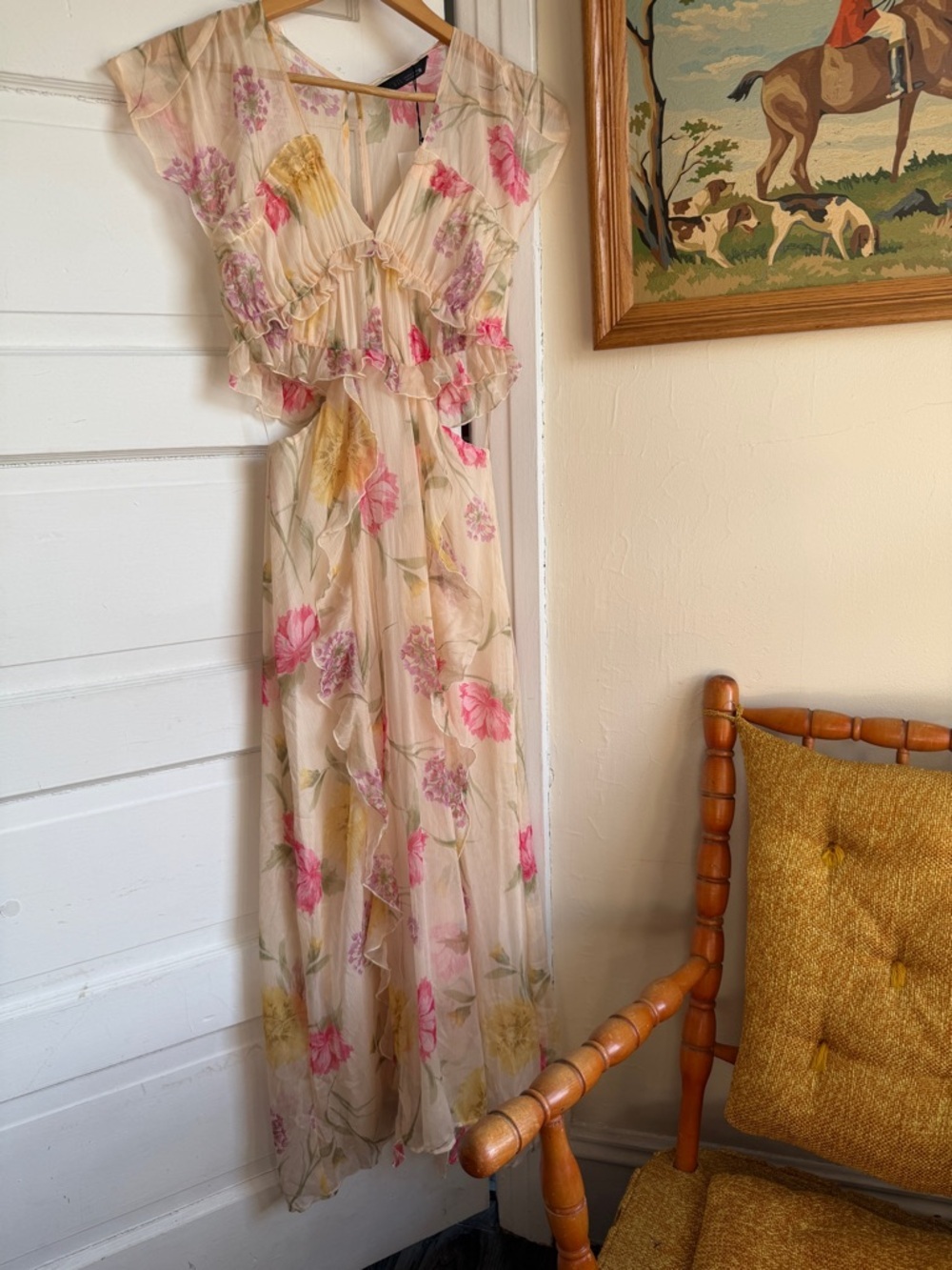 Zara Floral Ruffle Flowy Wedding Guest Fairycore Dress Sheer Chiffon Cream NWT S - Picture 7 of 11